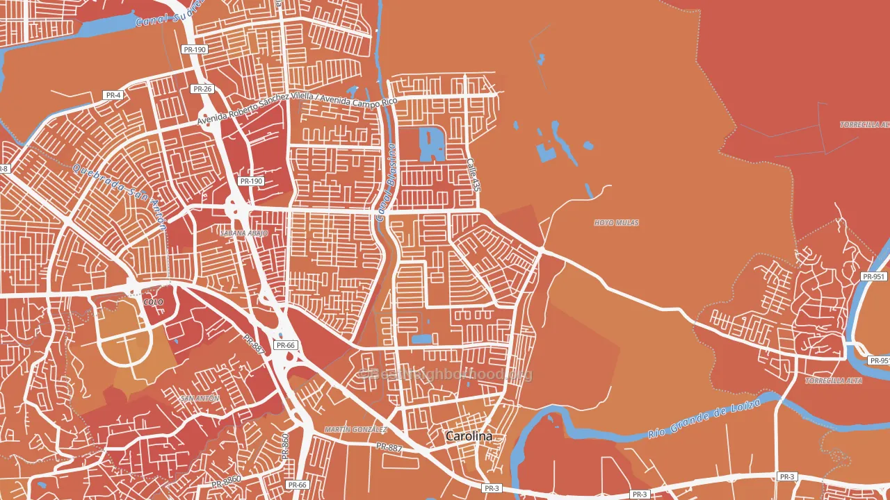 Map of the best neighborhoods in the Villa Carolina, Carolina area, with better matches in green and worse matches in red