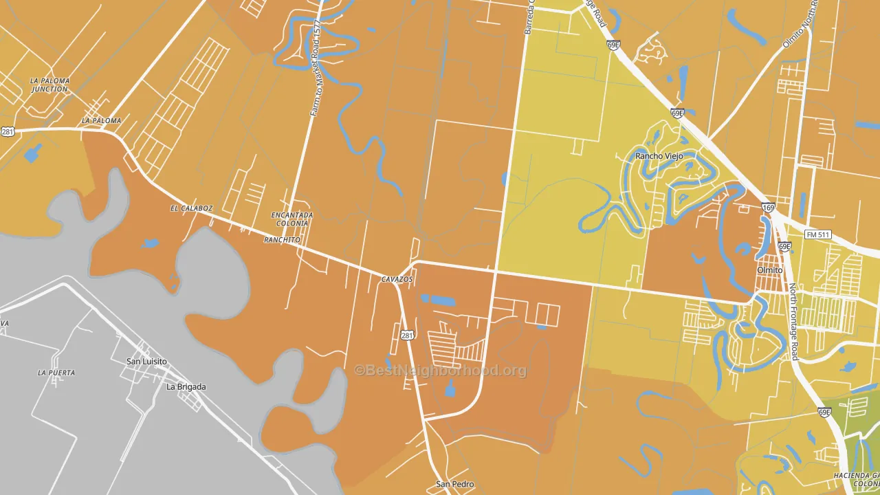 Map of the best neighborhoods in the Villa Cavazos area, with better matches in green and worse matches in red
