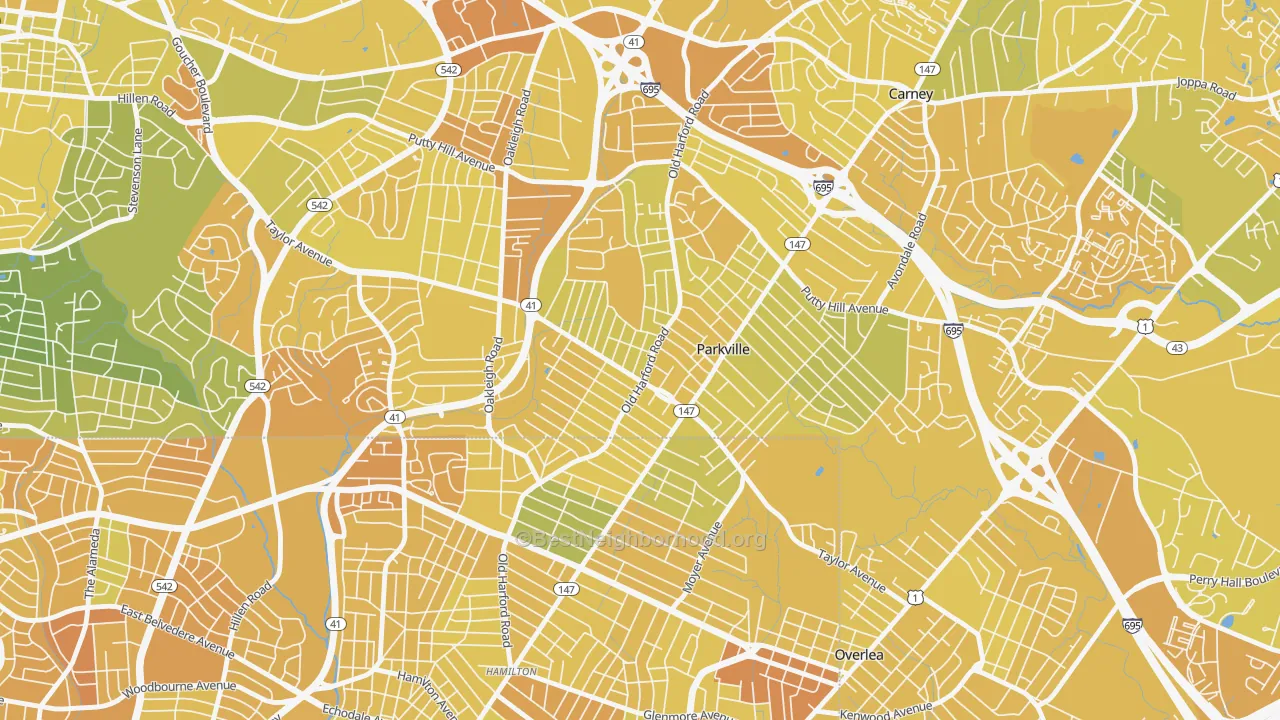 Map of the best neighborhoods in the Villa Cresta, Parkville area, with better matches in green and worse matches in red