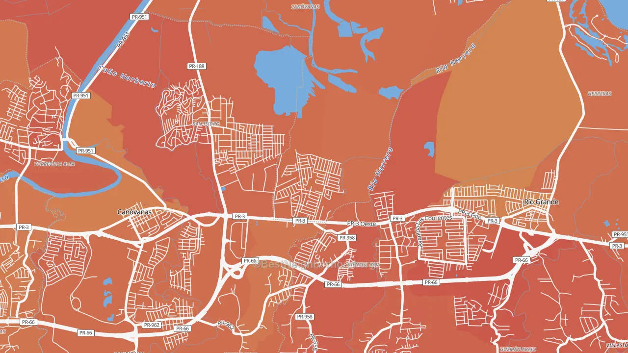 Map of the best neighborhoods in the Villa de Loiza, Rio Grande area, with better matches in green and worse matches in red