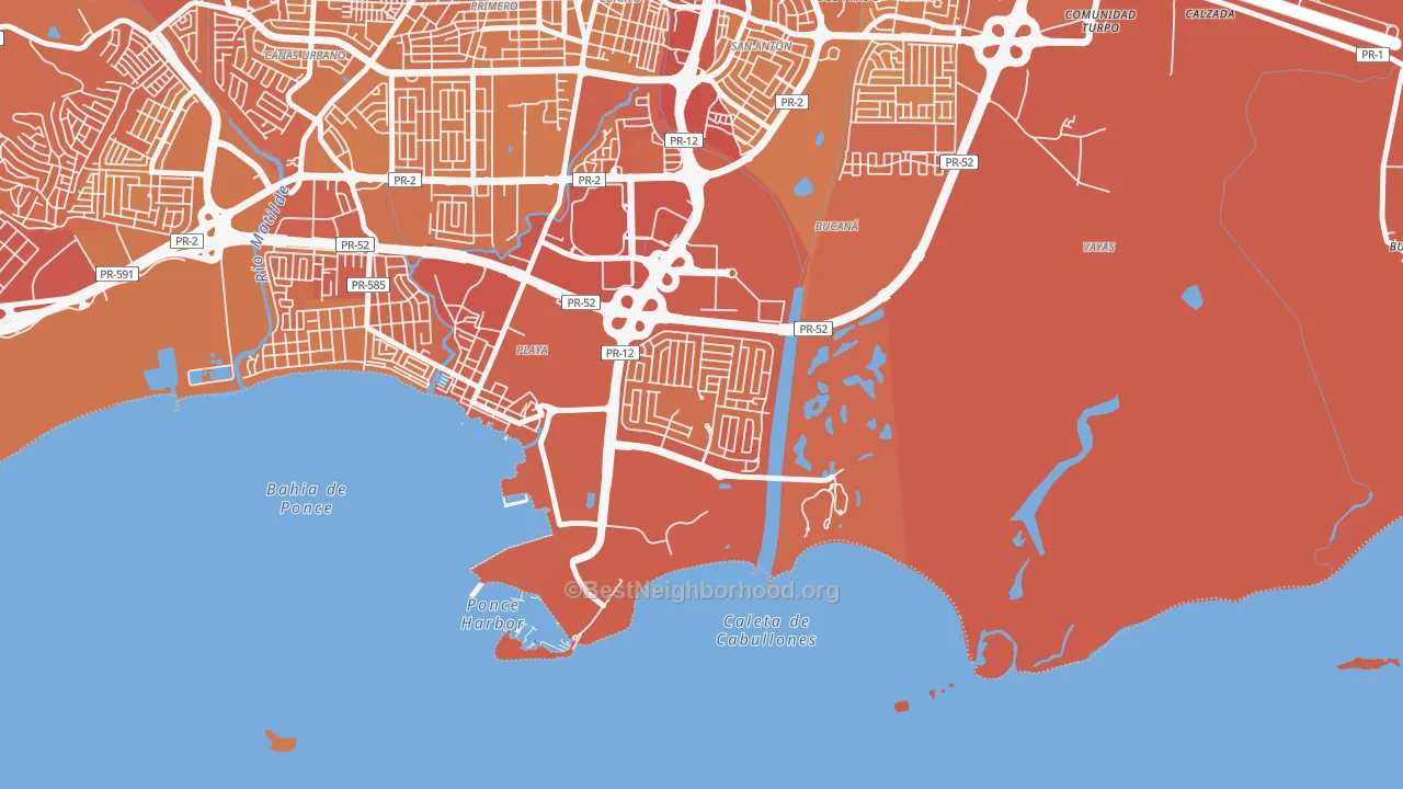 Map of the best neighborhoods in the Villa del Carmen, Ponce area, with better matches in green and worse matches in red