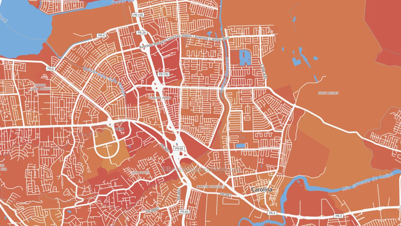 Map of the best neighborhoods in the Villa Fontana, Carolina area, with better matches in green and worse matches in red