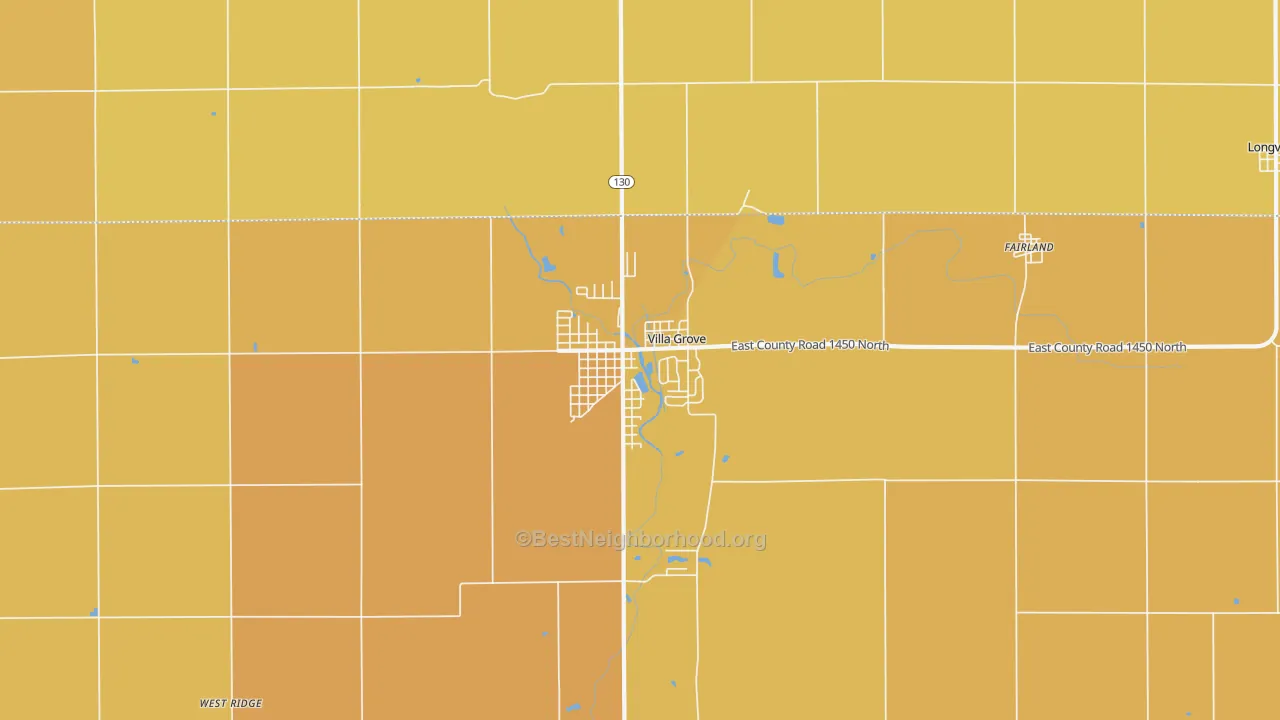 Map of the best neighborhoods in the Villa Grove area, with better matches in green and worse matches in red