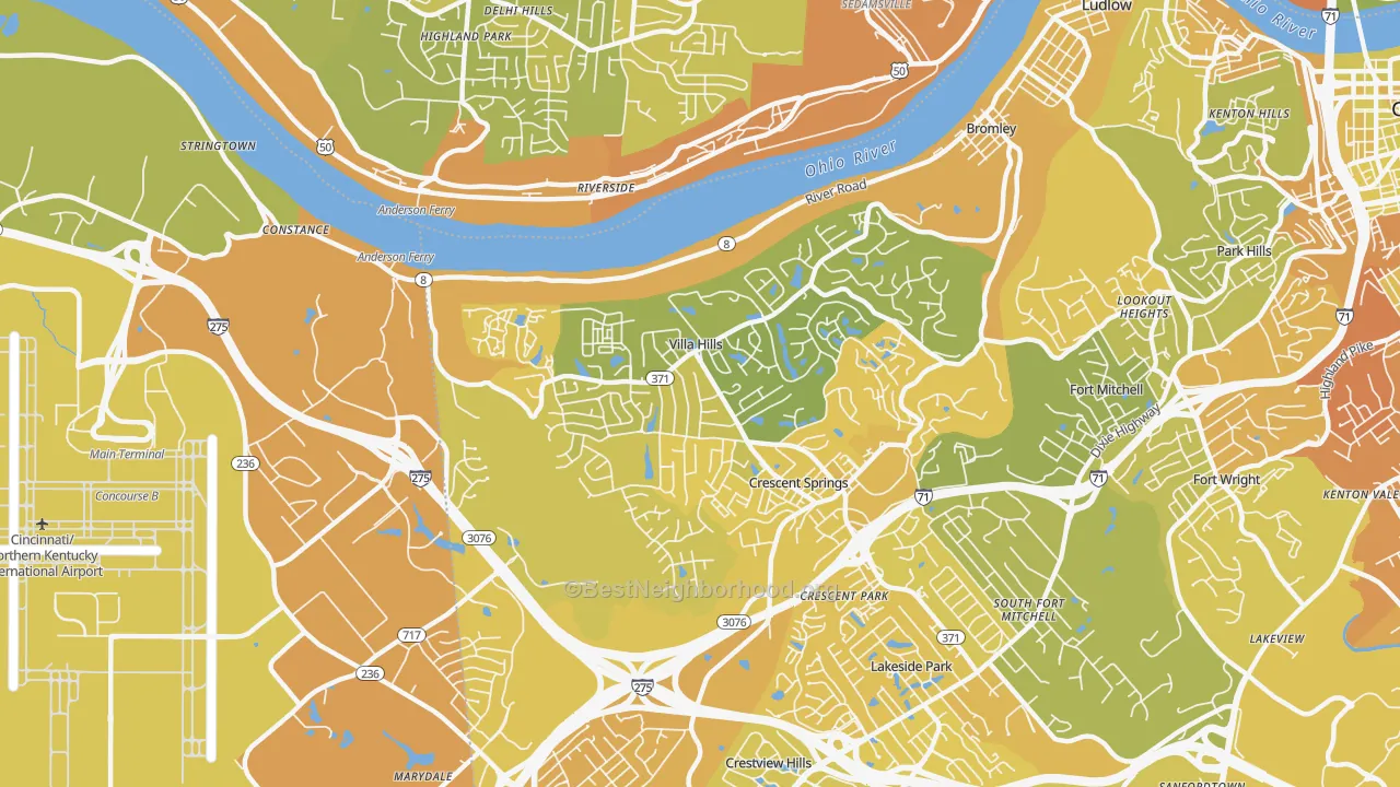 Map of the best neighborhoods in the Villa Hills area, with better matches in green and worse matches in red