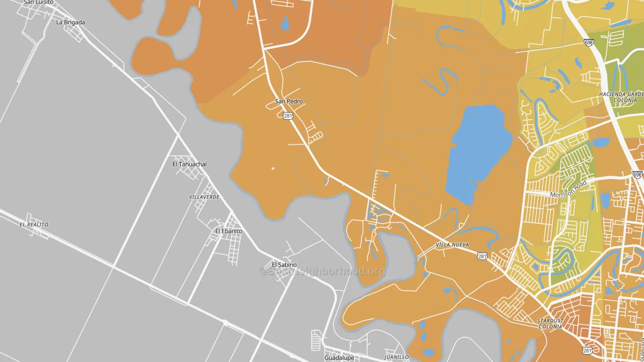Map of the best neighborhoods in the Villa Nueva area, with better matches in green and worse matches in red