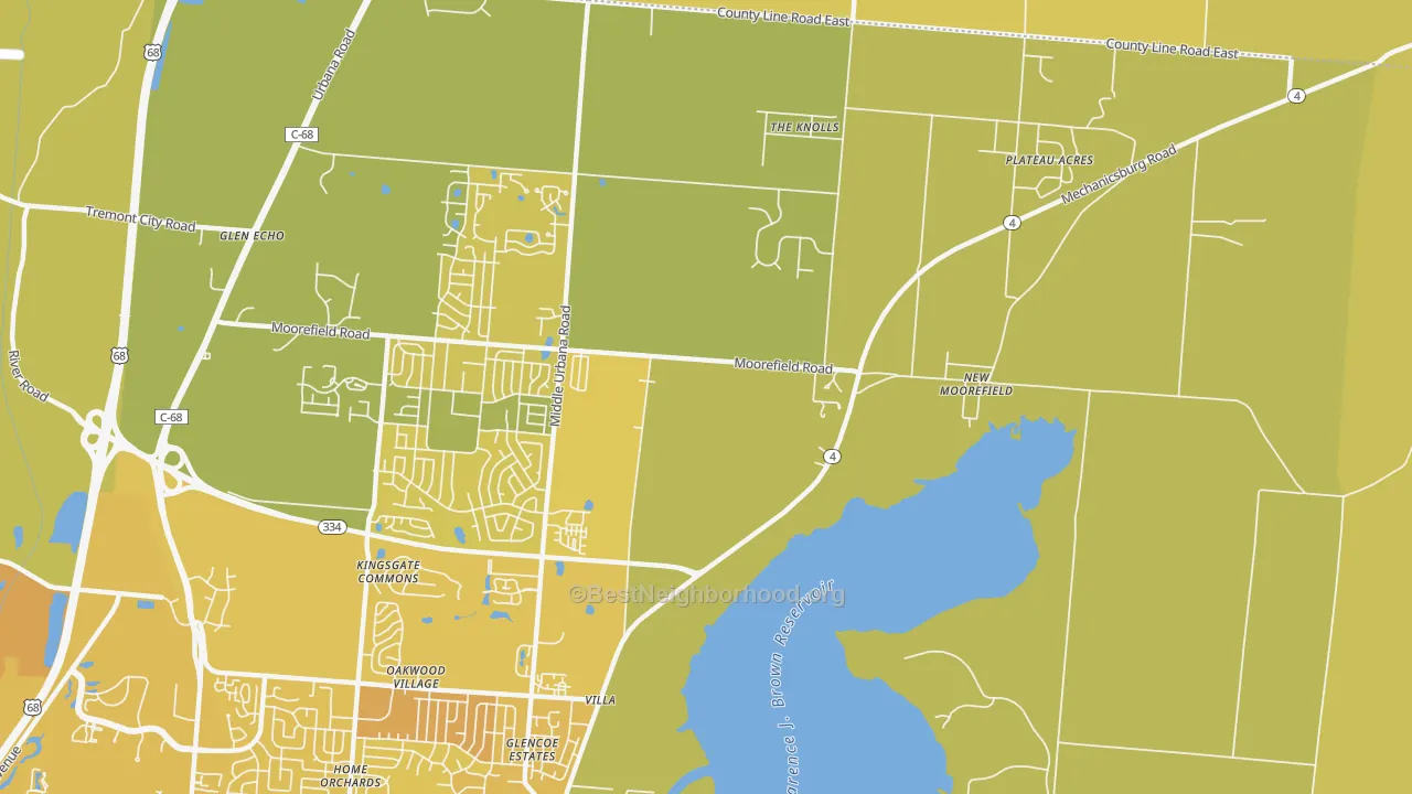 Map of the best neighborhoods in the Villa area, with better matches in green and worse matches in red