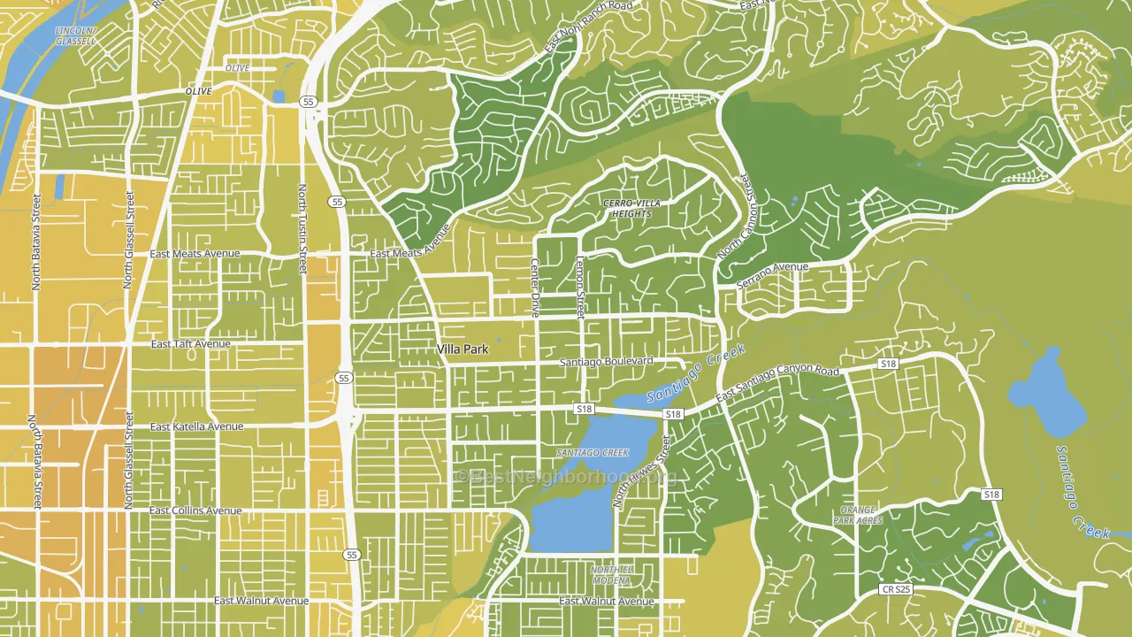 Map of the best neighborhoods in the Villa Park area, with better matches in green and worse matches in red