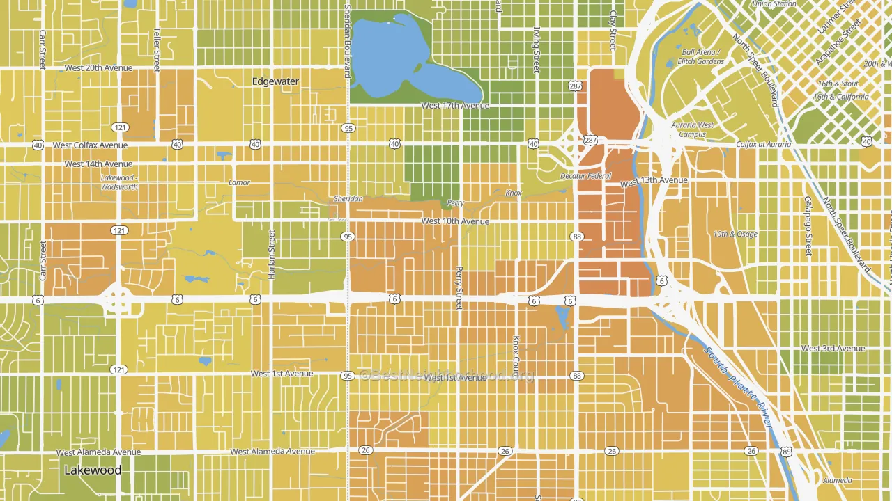 Map of the best neighborhoods in the Villa Park, Denver area, with better matches in green and worse matches in red