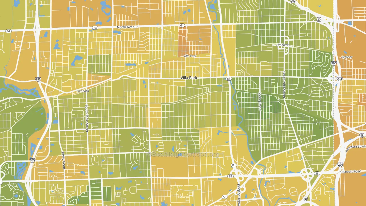 Map of the best neighborhoods in the Villa Park area, with better matches in green and worse matches in red