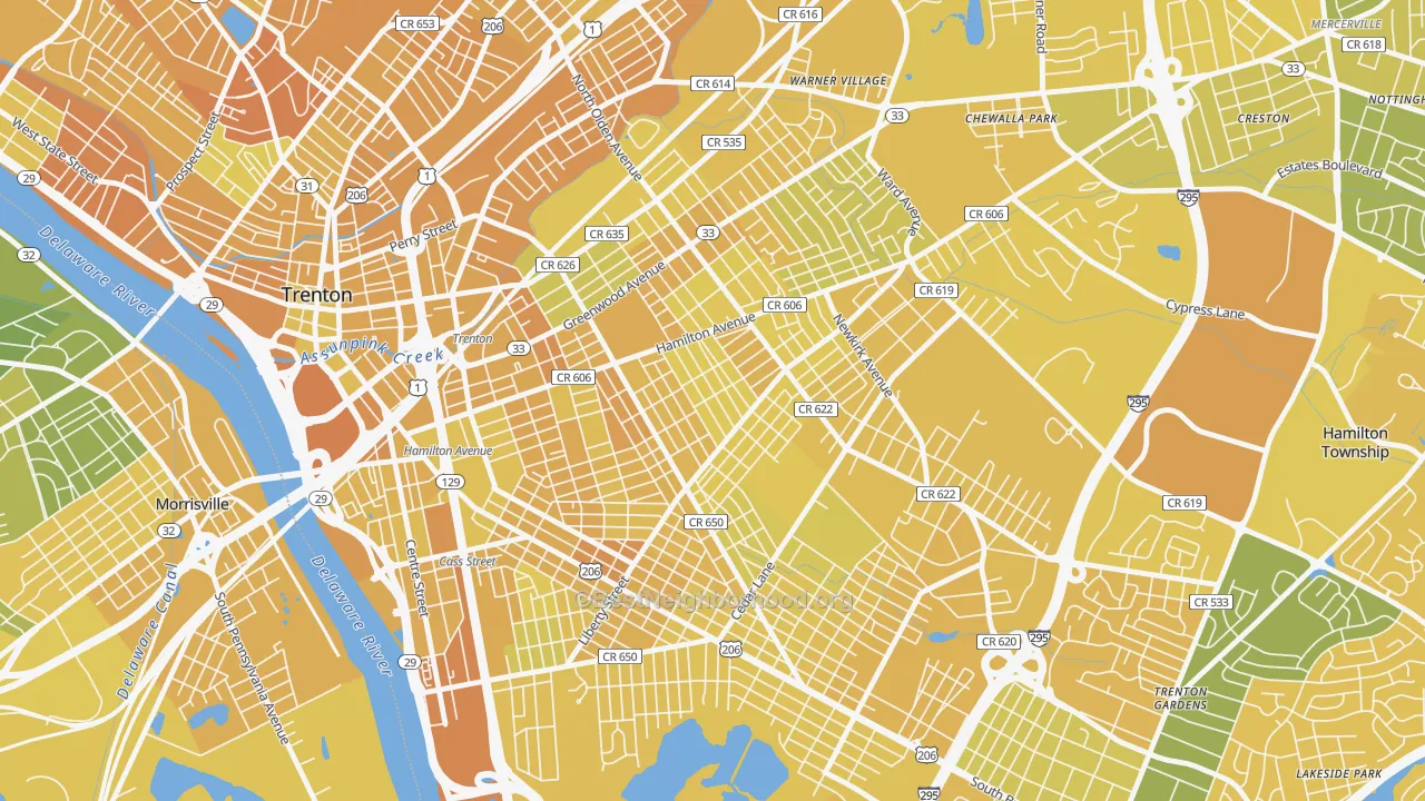 Map of the best neighborhoods in the Villa Park, Trenton area, with better matches in green and worse matches in red
