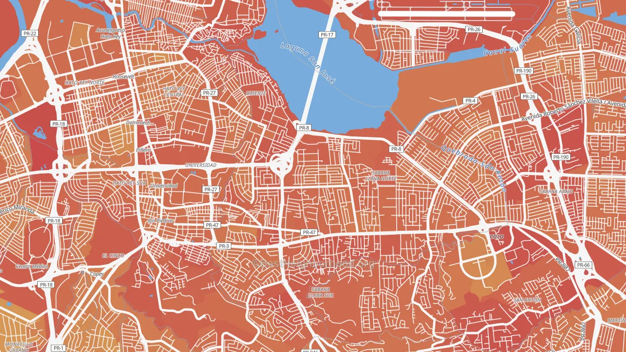 Map of the best neighborhoods in the Villa Prades, San Juan area, with better matches in green and worse matches in red