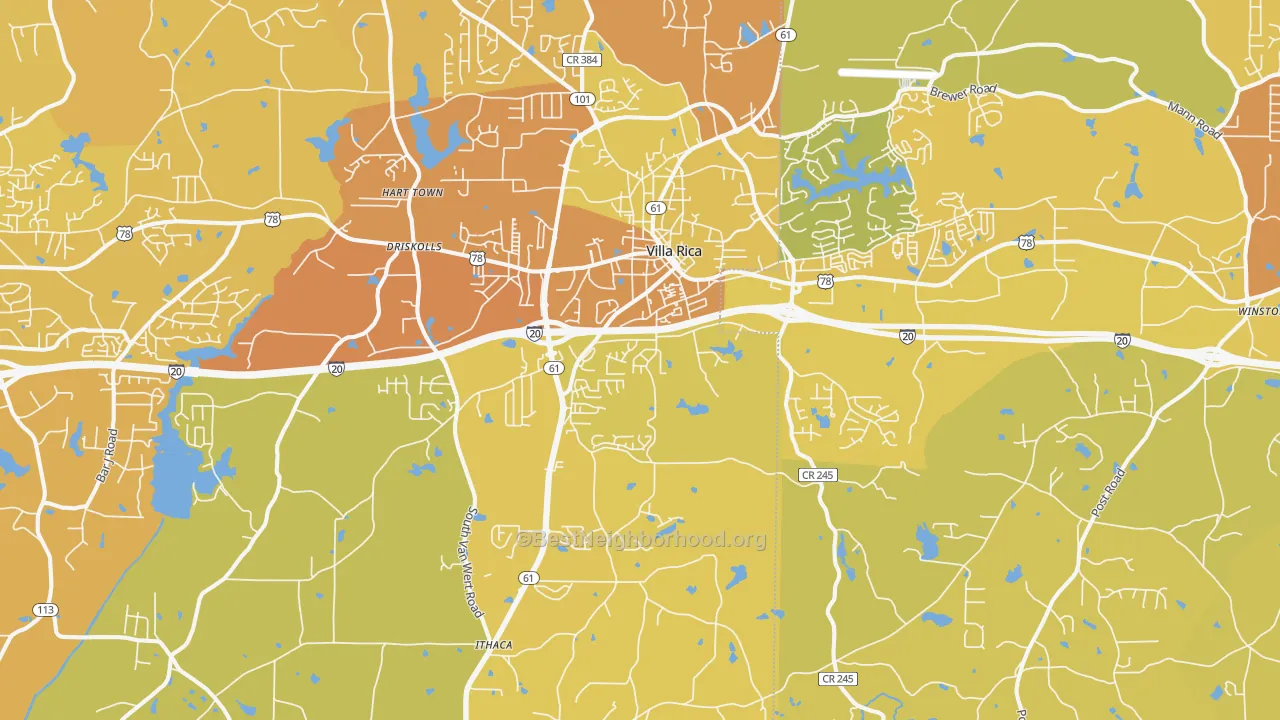 Map of the best neighborhoods in the Villa Rica area, with better matches in green and worse matches in red