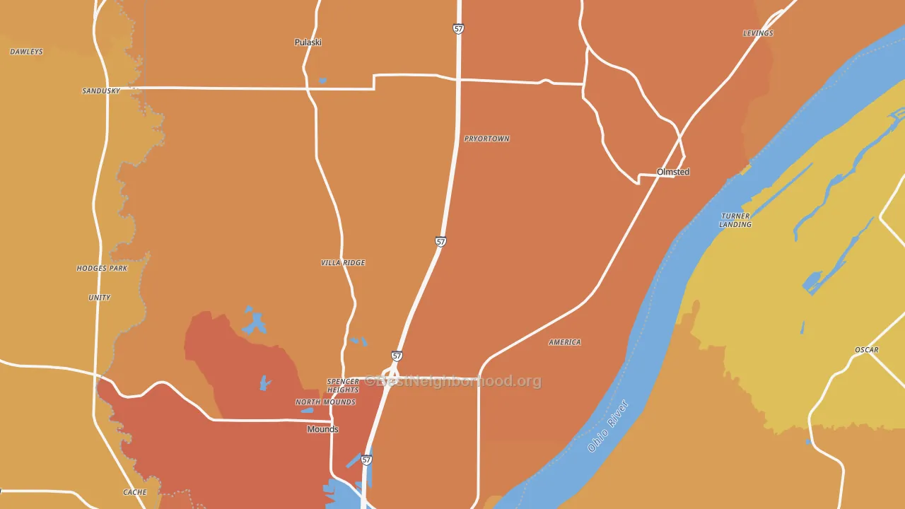 Map of the best neighborhoods in the Villa Ridge area, with better matches in green and worse matches in red