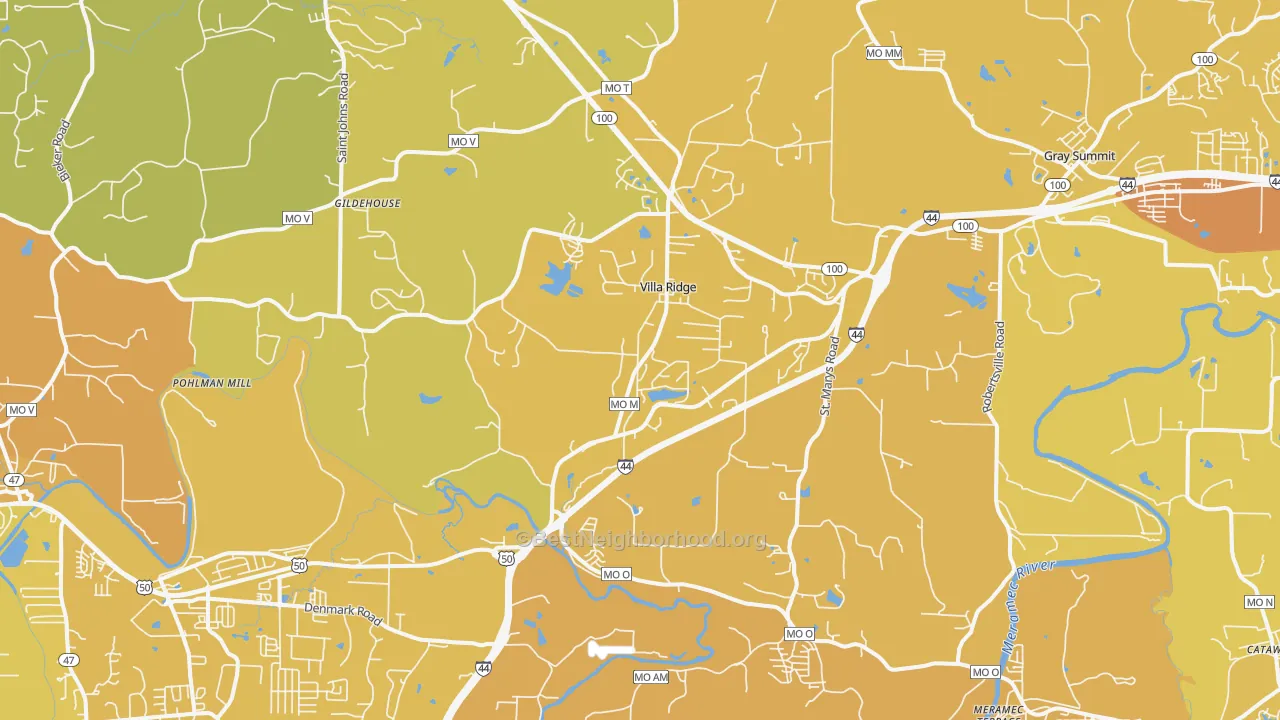 Map of the best neighborhoods in the Villa Ridge area, with better matches in green and worse matches in red