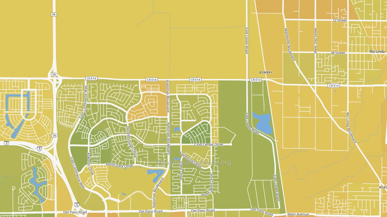Map of the best neighborhoods in the Village 11, Sacramento area, with better matches in green and worse matches in red