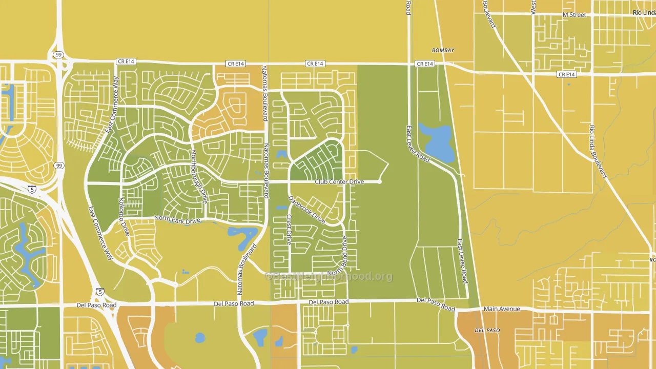 Map of the best neighborhoods in the Village 12, Sacramento area, with better matches in green and worse matches in red