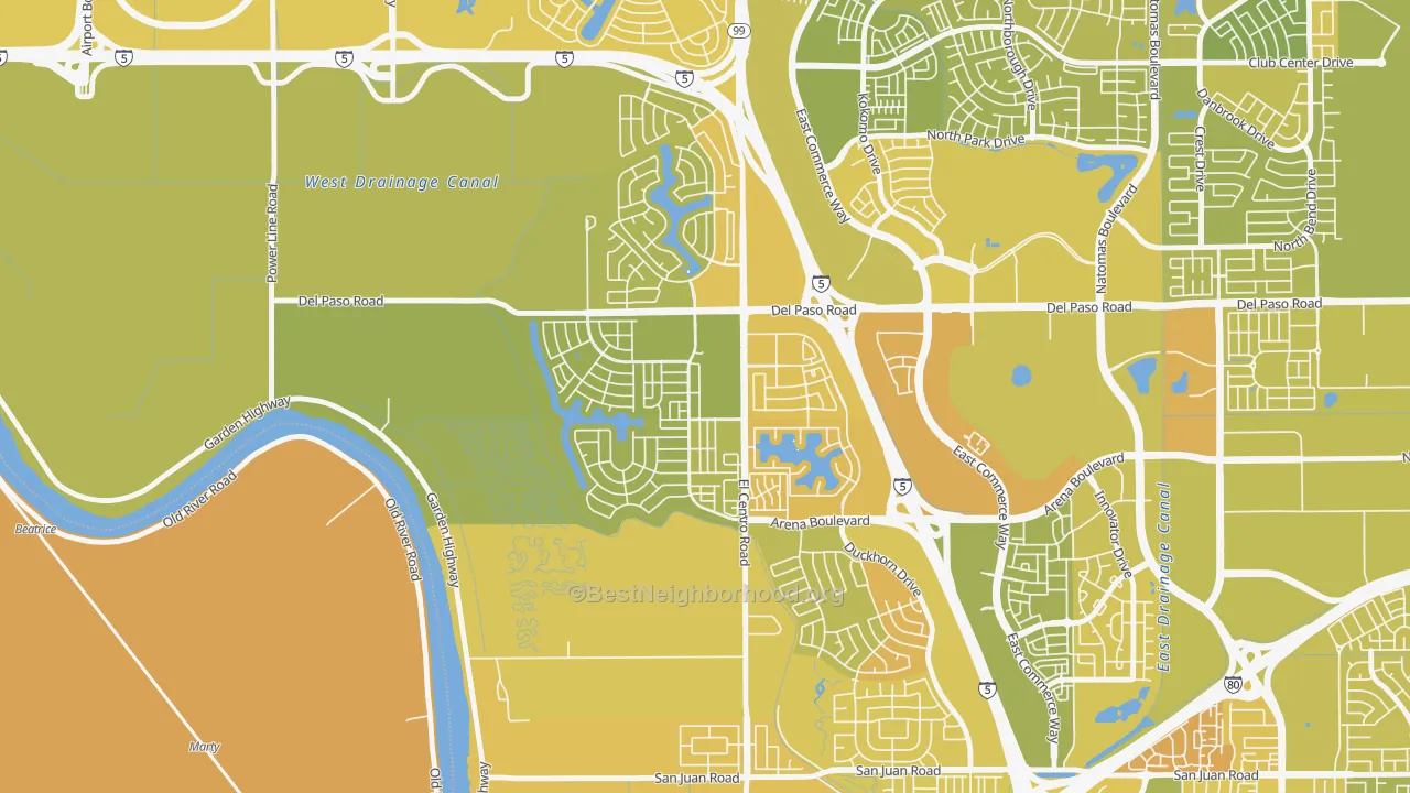 Map of the best neighborhoods in the Village 2, Sacramento area, with better matches in green and worse matches in red