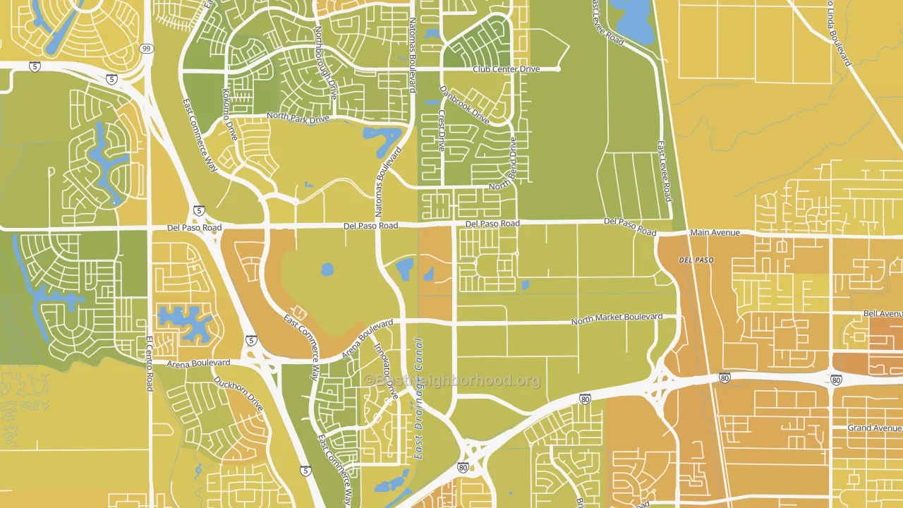 Map of the best neighborhoods in the Village 5, Sacramento area, with better matches in green and worse matches in red