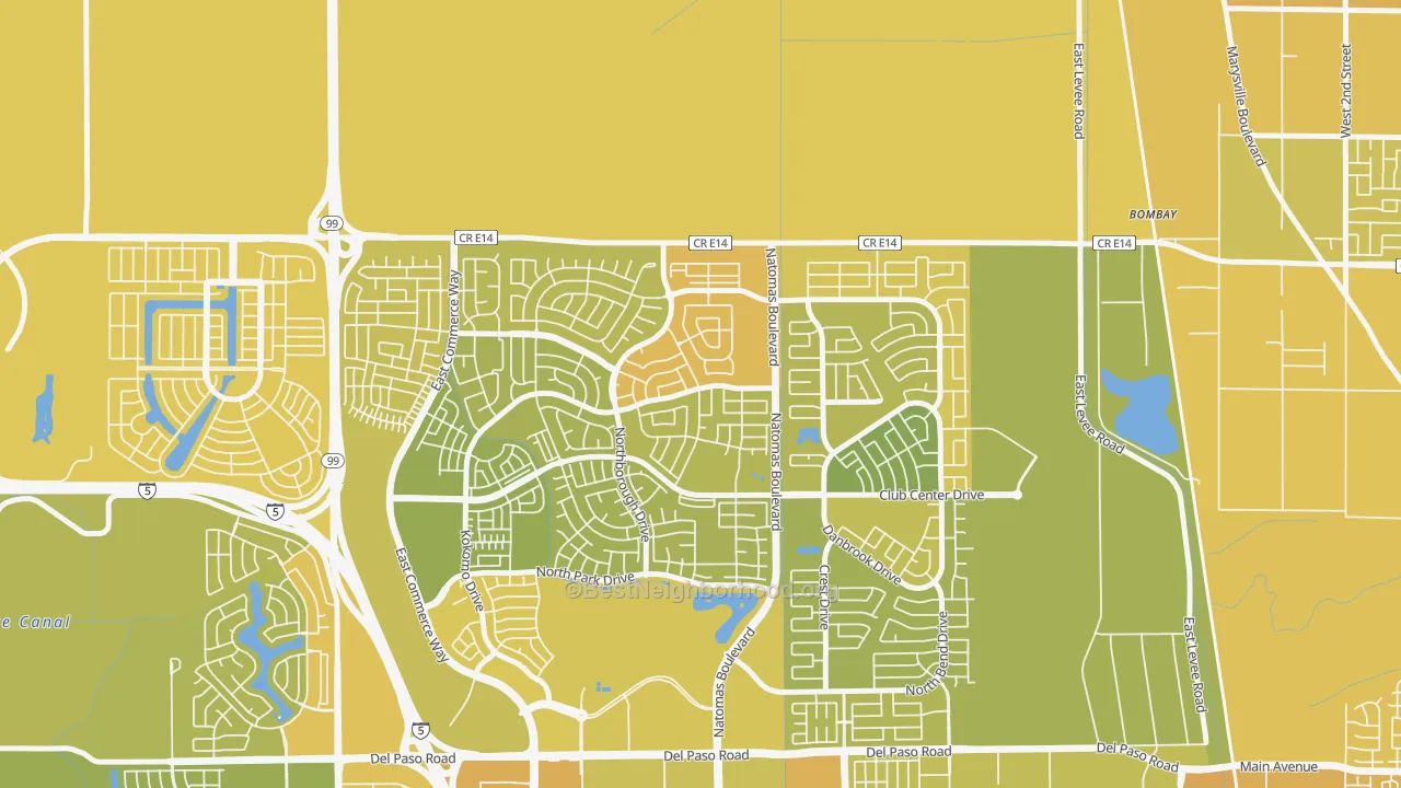 Map of the best neighborhoods in the Village 9, Sacramento area, with better matches in green and worse matches in red