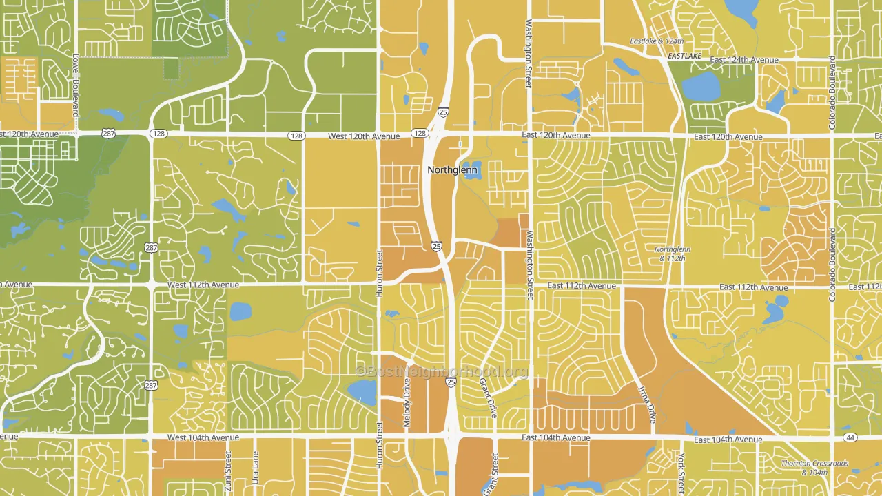 Map of the best neighborhoods in the Village at North Hills, Northglenn area, with better matches in green and worse matches in red