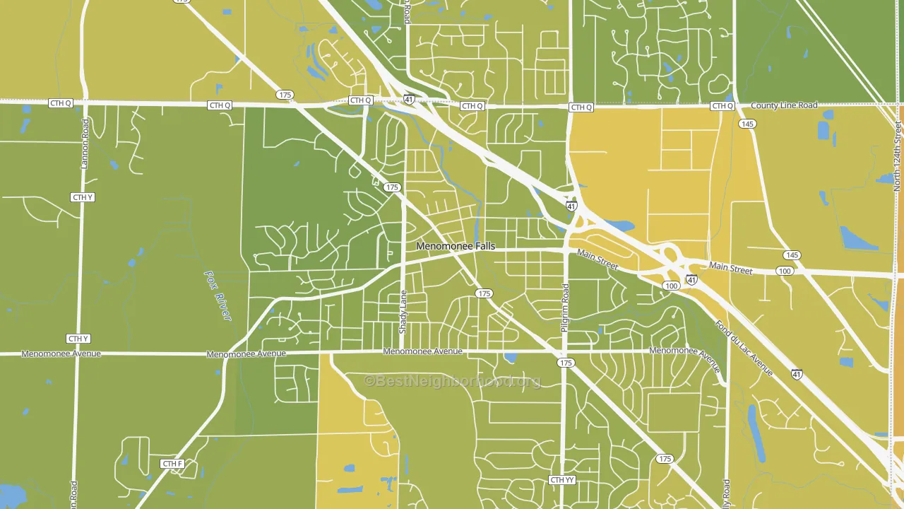 Map of the best neighborhoods in the Village Centre, Menomonee Falls area, with better matches in green and worse matches in red