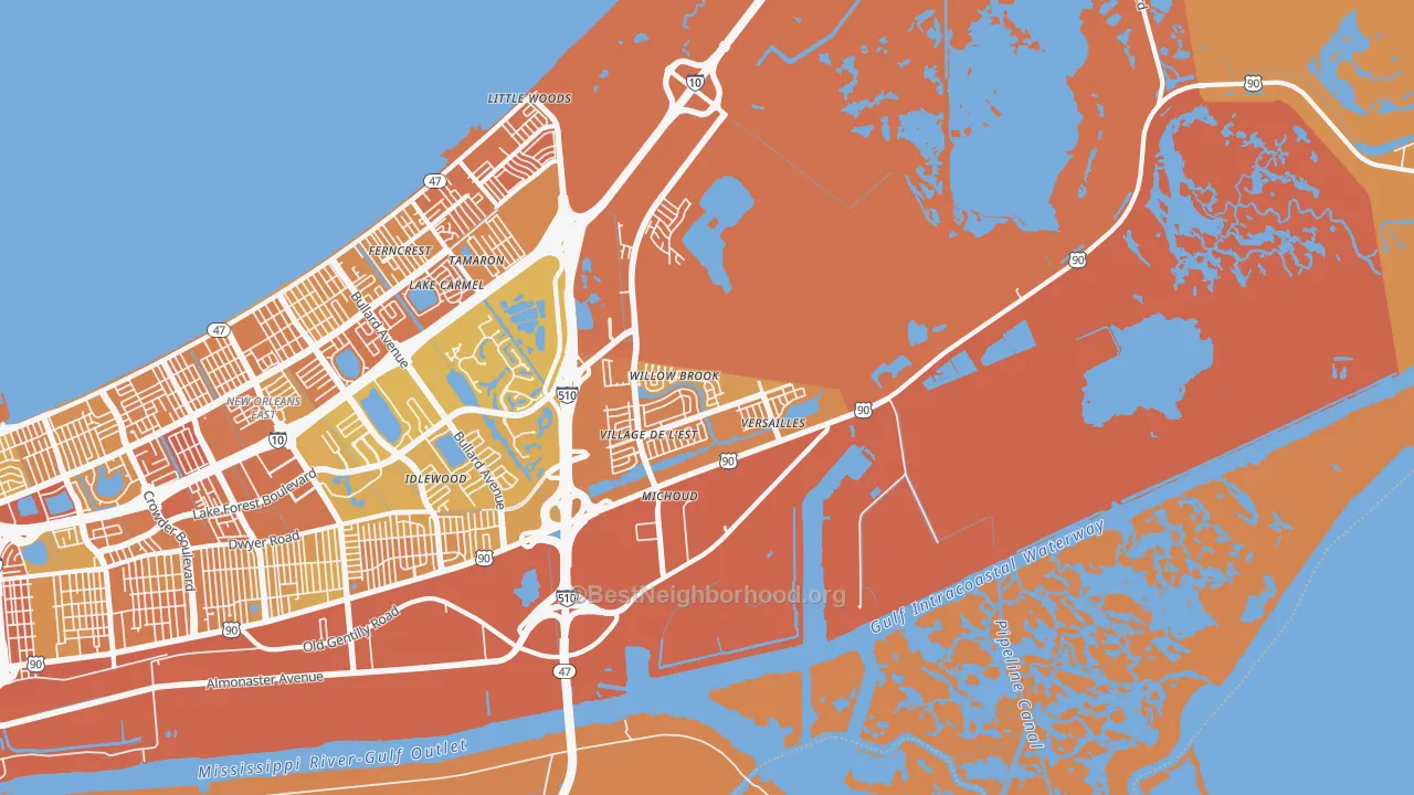 Map of the best neighborhoods in the Village de L'Est, New Orleans area, with better matches in green and worse matches in red