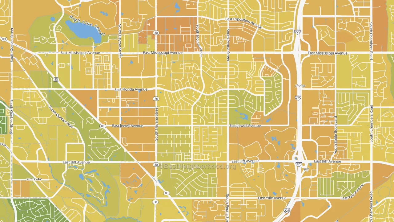 Map of the best neighborhoods in the Village East, Aurora area, with better matches in green and worse matches in red