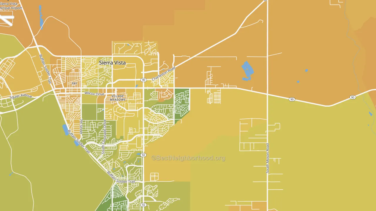 Map of the best neighborhoods in the Village Meadows area, with better matches in green and worse matches in red