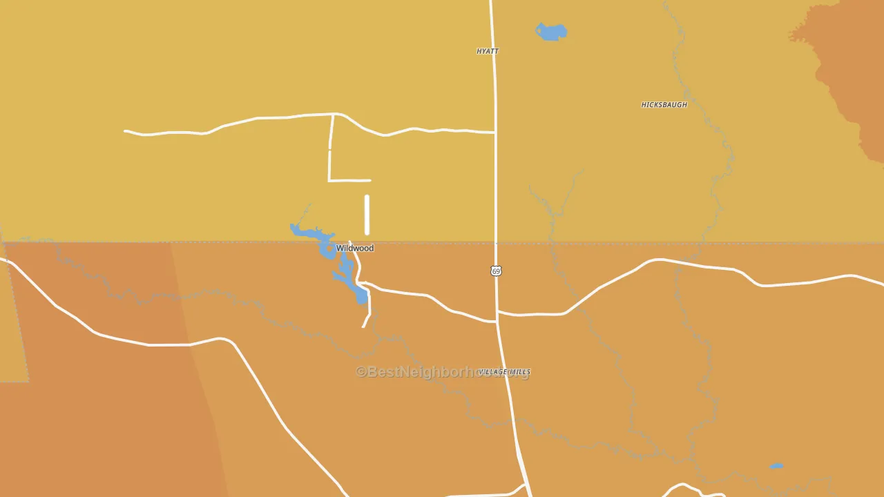 Map of the best neighborhoods in the Village Mills area, with better matches in green and worse matches in red