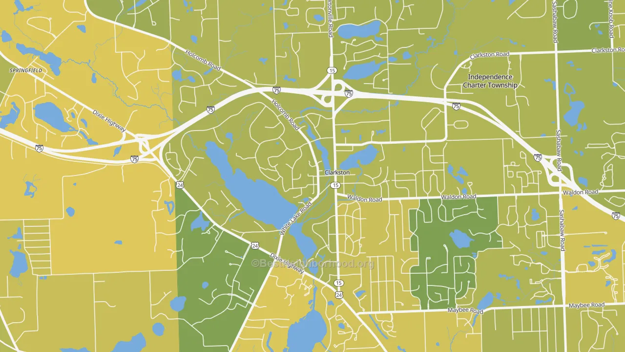 Map of the best neighborhoods in the Village of Clarkston area, with better matches in green and worse matches in red