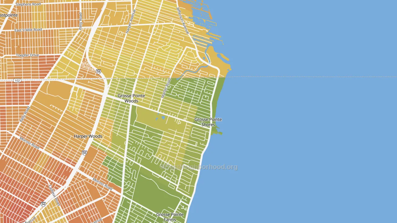 Map of the best neighborhoods in the Village of Grosse Pointe Shores area, with better matches in green and worse matches in red