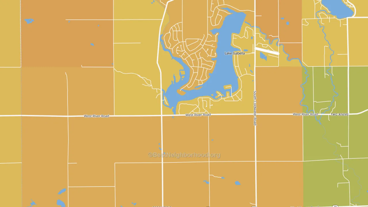Map of the best neighborhoods in the Village of Lake Isabella area, with better matches in green and worse matches in red