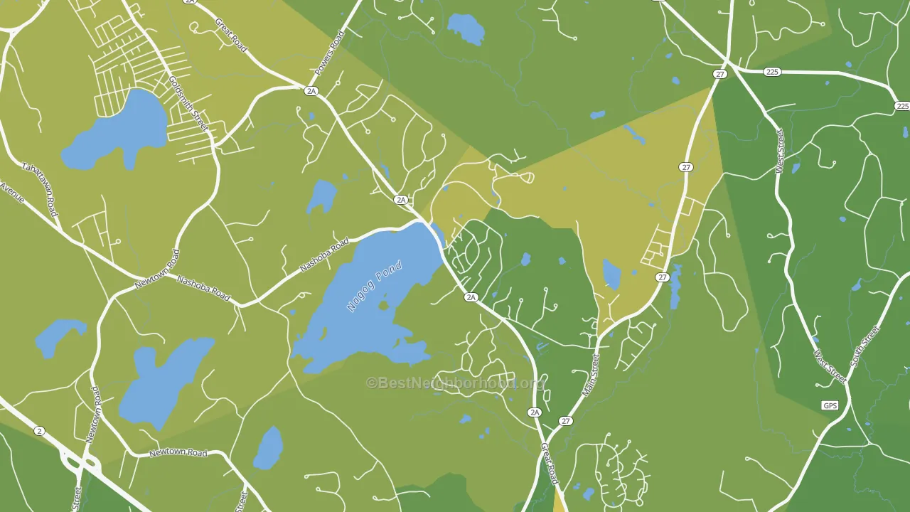 Map of the best neighborhoods in the Village Of Nagog Woods area, with better matches in green and worse matches in red