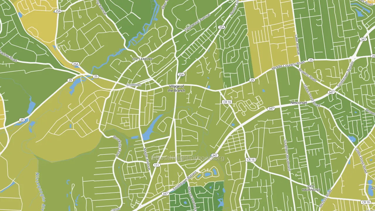 Map of the best neighborhoods in the Village of the Branch area, with better matches in green and worse matches in red