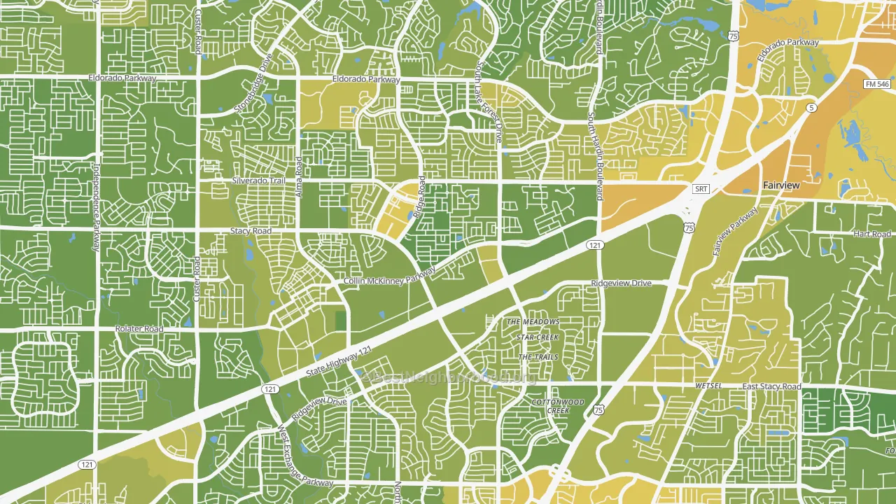 Map of the best neighborhoods in the Village Park, McKinney area, with better matches in green and worse matches in red