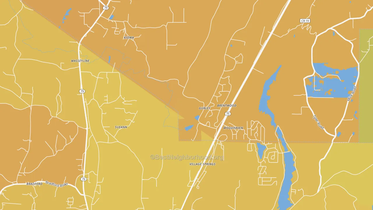 Map of the best neighborhoods in the Village Springs area, with better matches in green and worse matches in red