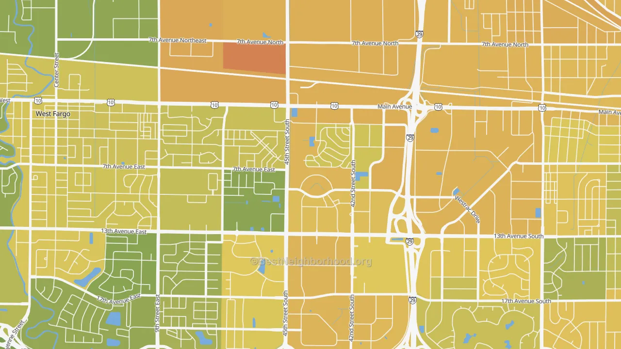 Map of the best neighborhoods in the Village West, Fargo area, with better matches in green and worse matches in red
