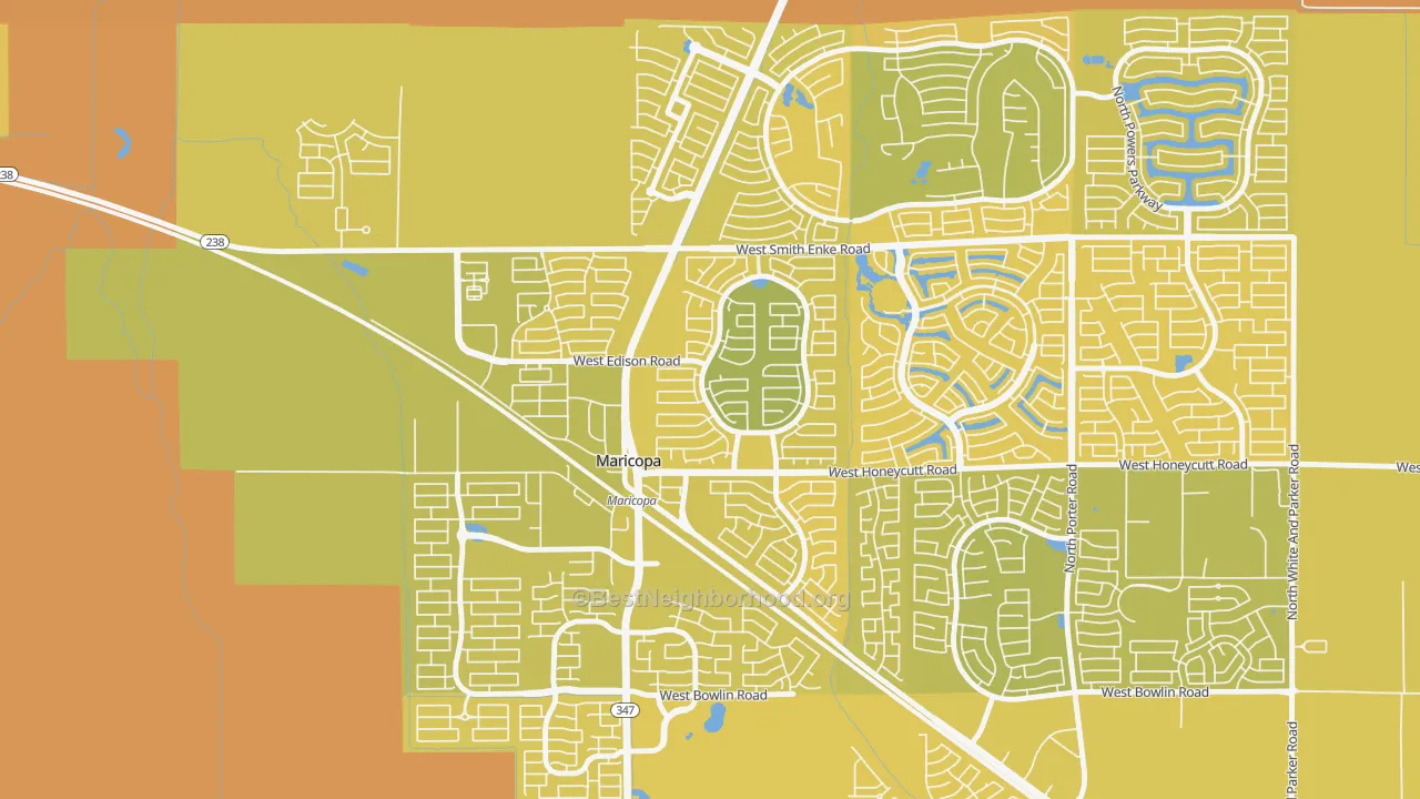 Map of the best neighborhoods in the Villages at Rancho El Dorado, Silver Bell area, with better matches in green and worse matches in red