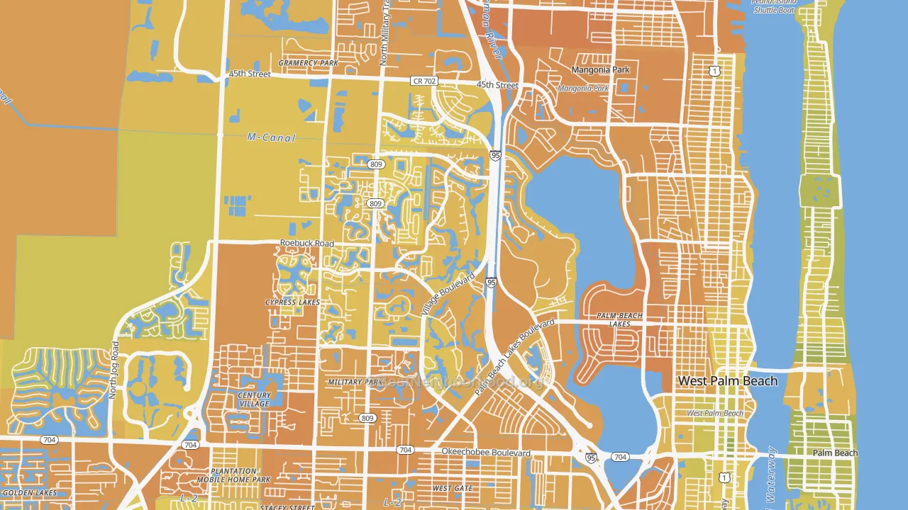 Map of the best neighborhoods in the Villages of Palm Beach Lakes, West Palm Beach area, with better matches in green and worse matches in red