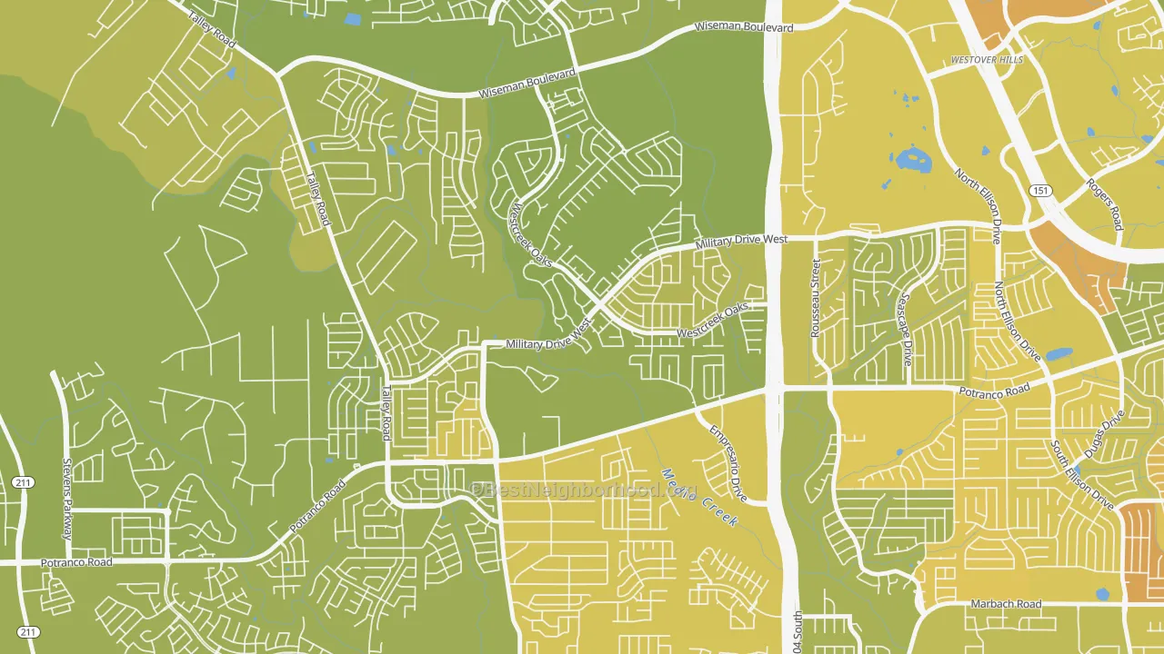 Map of the best neighborhoods in the Villages of Westcreek, San Antonio area, with better matches in green and worse matches in red