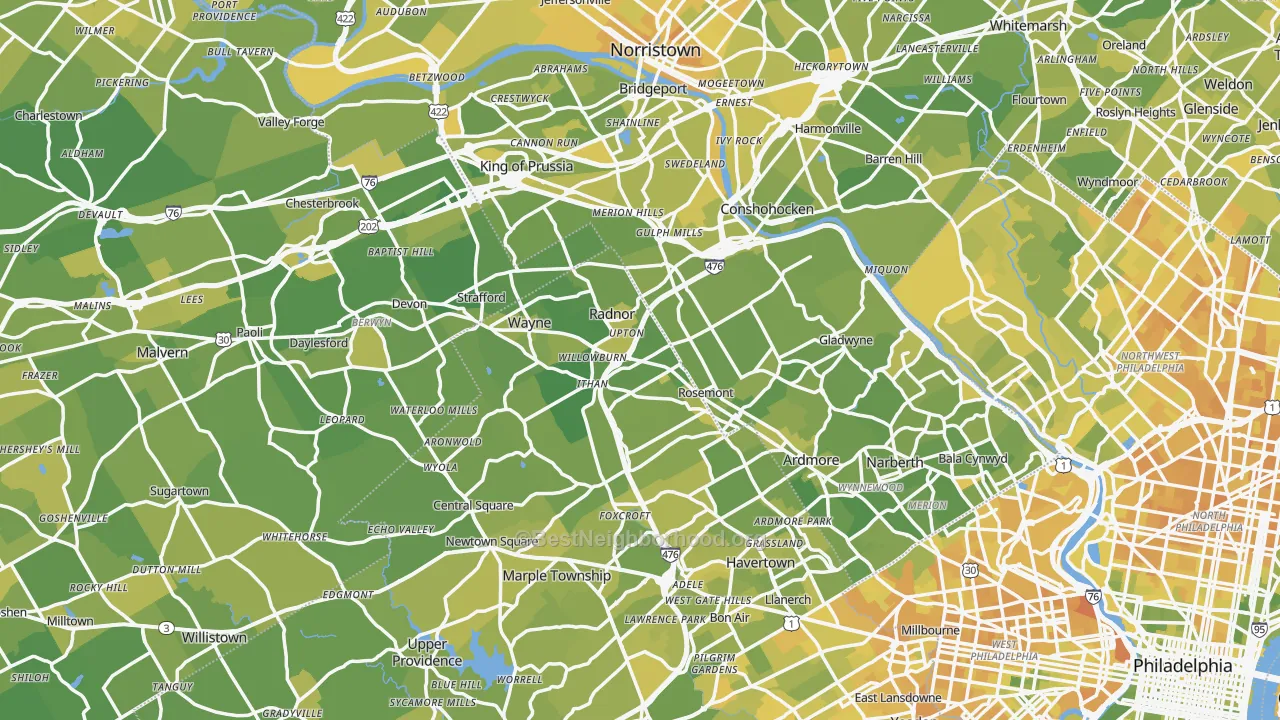 Map of the best neighborhoods in the Villanova area, with better matches in green and worse matches in red