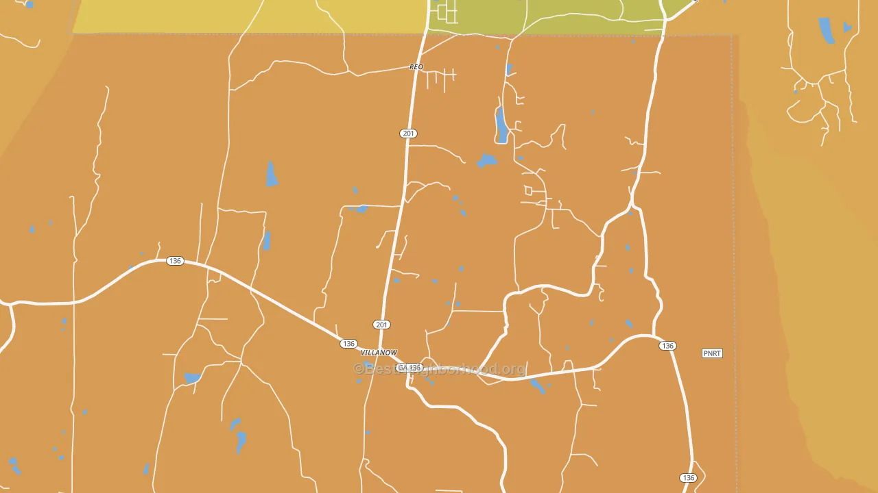 Map of the best neighborhoods in the Villanow area, with better matches in green and worse matches in red
