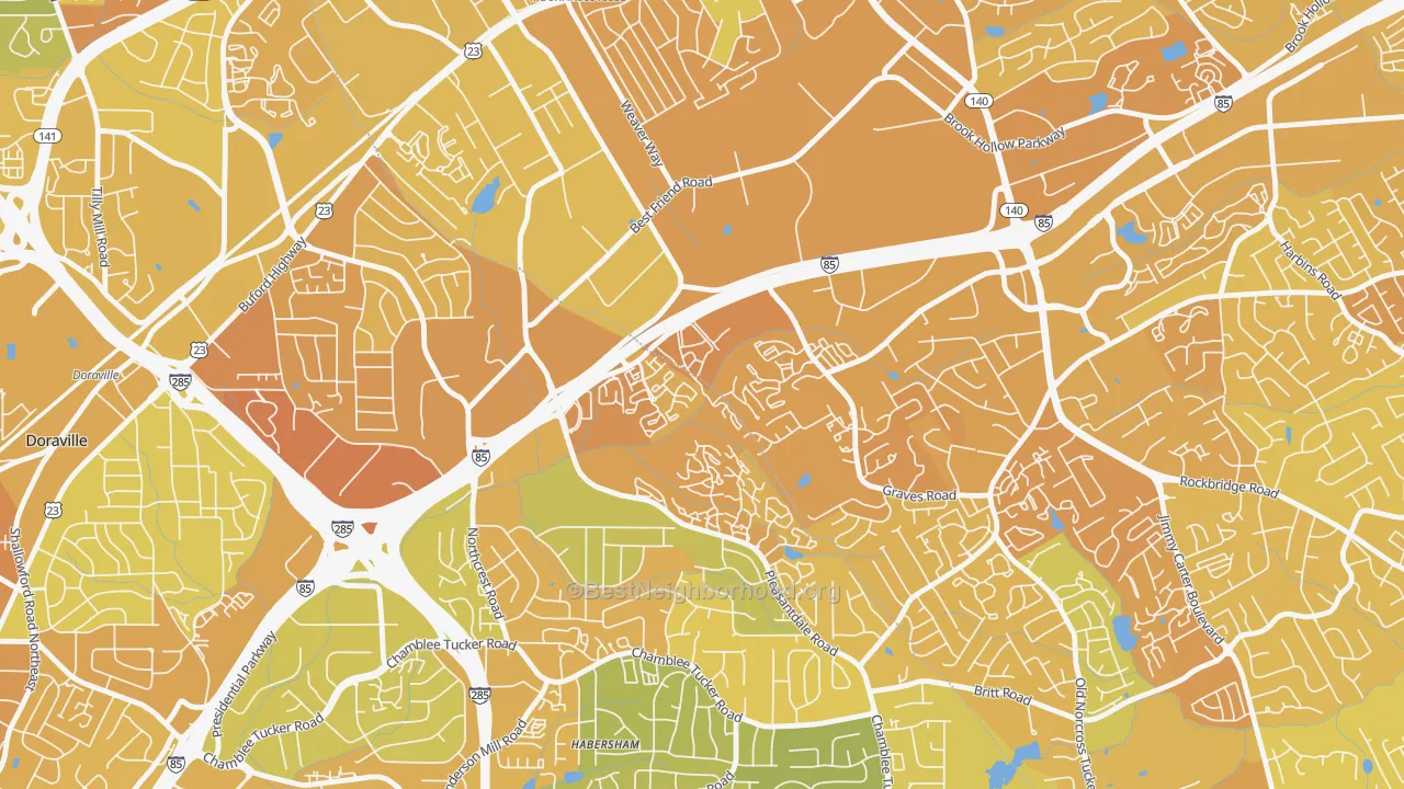 Map of the best neighborhoods in the Villas at Norcross, Norcross area, with better matches in green and worse matches in red
