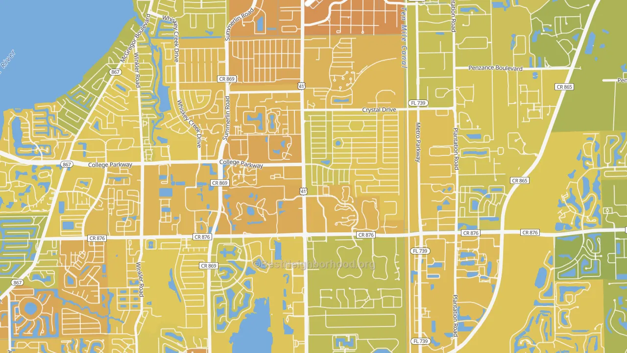 Map of the best neighborhoods in the Villas area, with better matches in green and worse matches in red