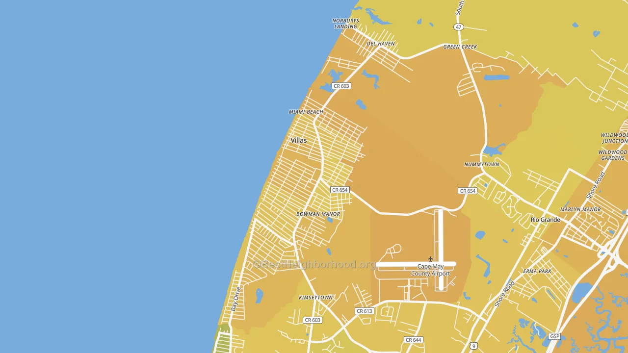 Map of the best neighborhoods in the Villas area, with better matches in green and worse matches in red