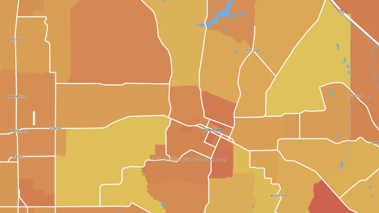 Map of the best neighborhoods in the Ville Platte area, with better matches in green and worse matches in red