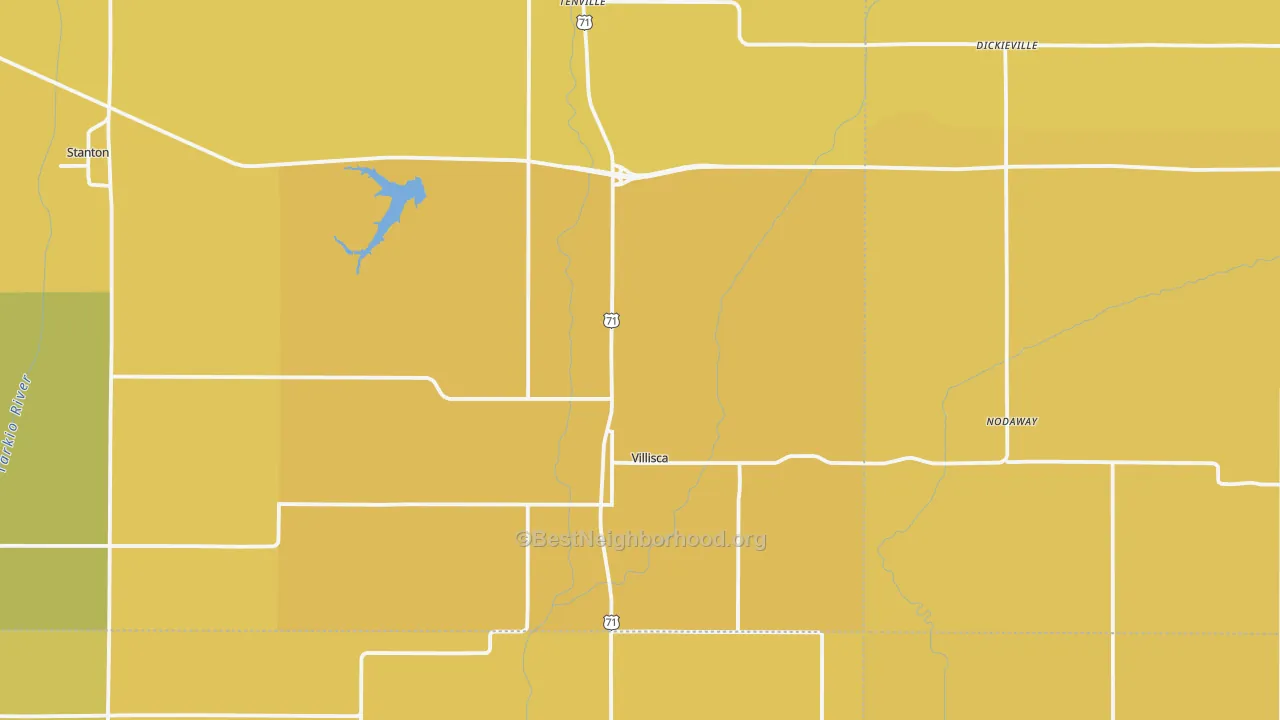 Map of the best neighborhoods in the Villisca area, with better matches in green and worse matches in red