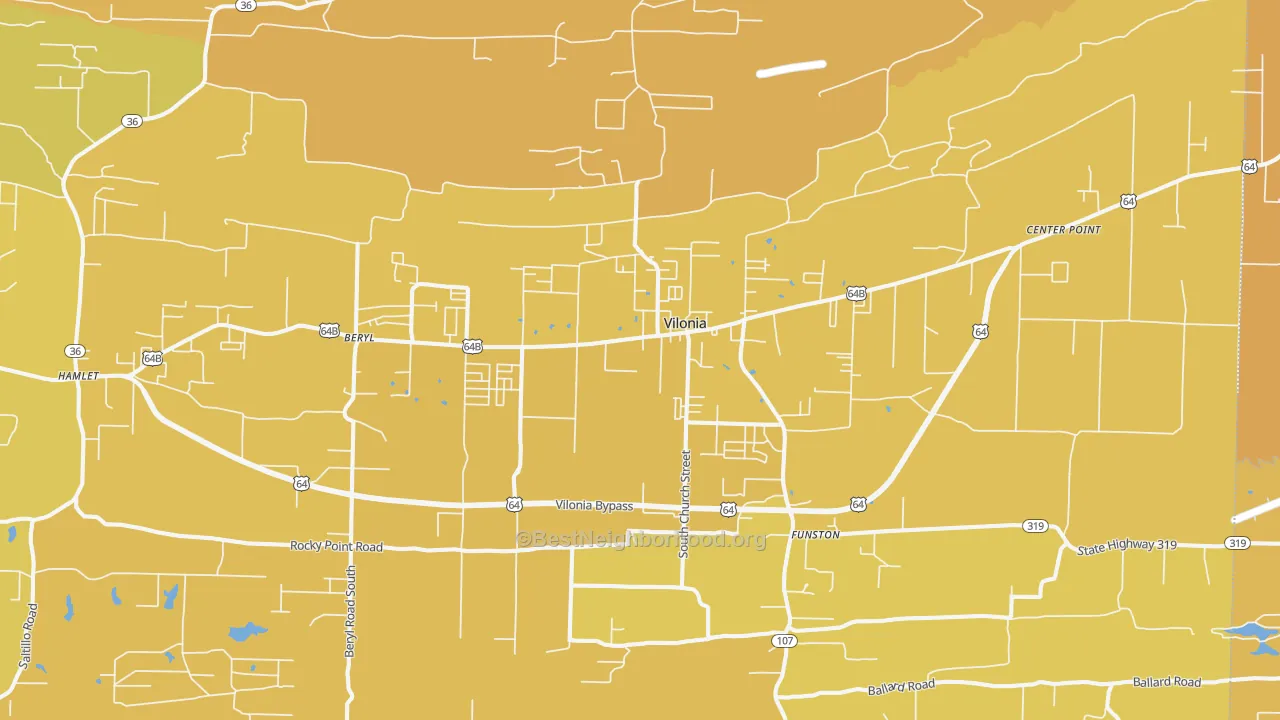 Map of the best neighborhoods in the Vilonia area, with better matches in green and worse matches in red
