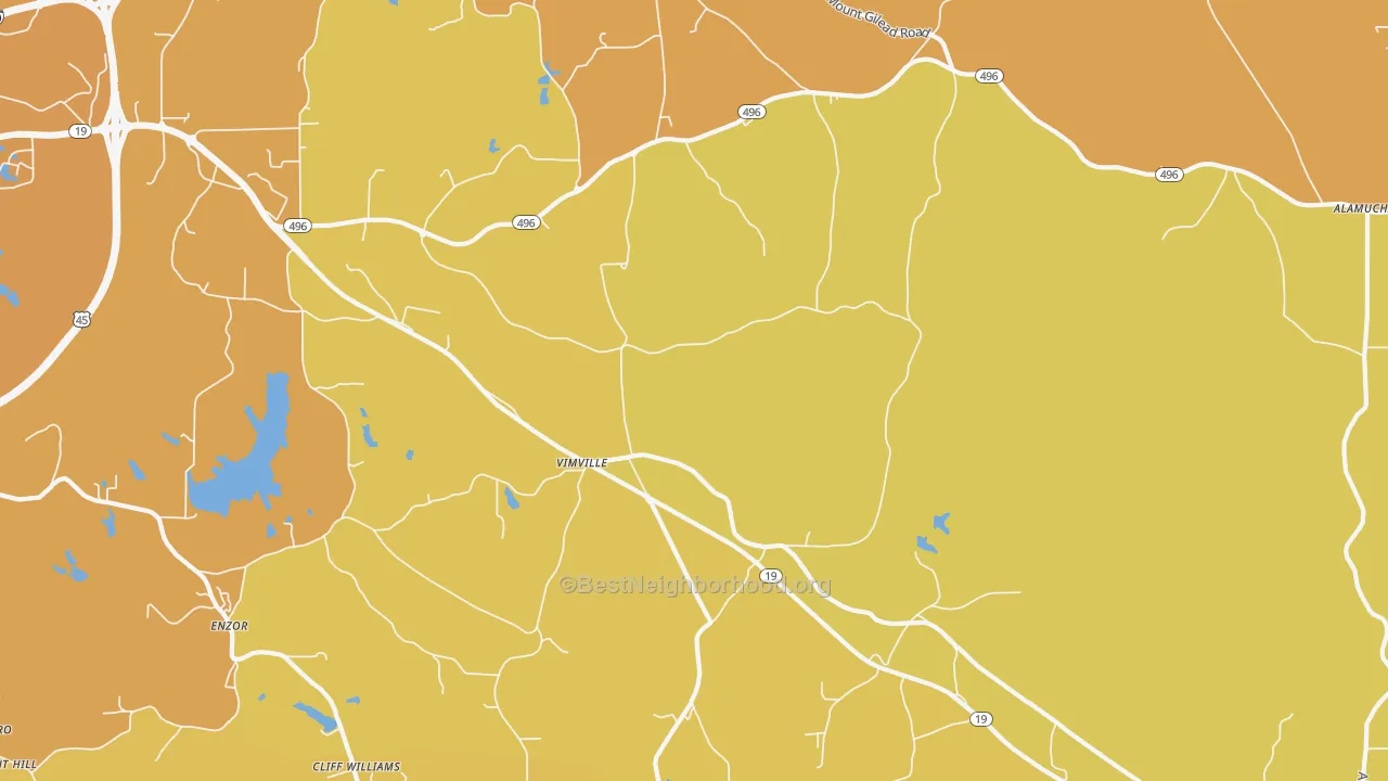 Map of the best neighborhoods in the Vimville area, with better matches in green and worse matches in red