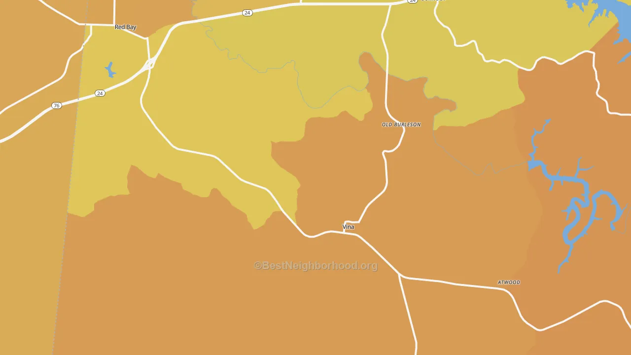 Map of the best neighborhoods in the Vina area, with better matches in green and worse matches in red